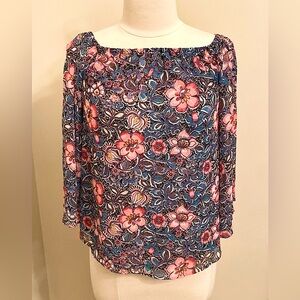 Express Floral Boho Pink Turquoise Elastic Boatneck Long Sleeve Lined Top SZ XS